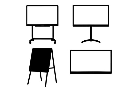 Collection of blank black and white presentation boards on stands.
