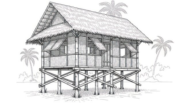 Stilthouse illustration traditional coastal dwelling with thatched roof