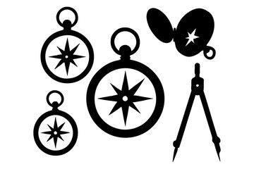 Silhouette of compasses and dividers with nautical star design.