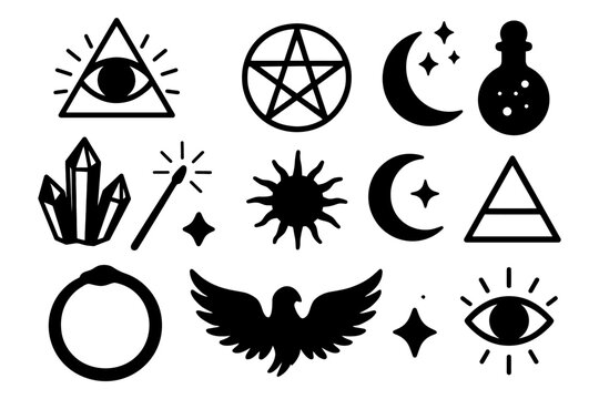 Mystical symbols collection: eye, pentagram, crescent moon, potion, crystals, wand, sun, wings.