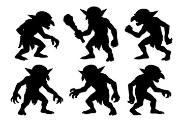 Silhouette set of fantasy goblins in dynamic poses and different weapons.