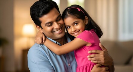 A smiling father embraces his young daughter. She has her arms wrapped around his neck. They both appear happy and loving.