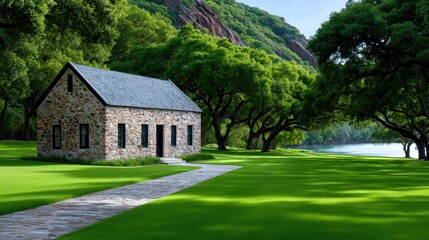 Old Stone Chapel Surrounded by Lush Green Trees and Rolling Hills Beside a Calm Lake Under a Bright Sunny Day
