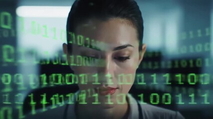 Closeup of a focused female programmer or hacker with binary code overlay representing data security digital transformation and advanced technology in a modern computing environment. - Powered by Adobe