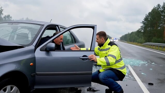 Accident Assistance: Two Men in Conversation After a Car Crash on the Road