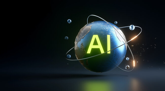Realistic 3D globe with glowing “AI” letters and orbiting elements on a dark background. Symbol of global artificial intelligence, innovation, and futuristic digital technology
