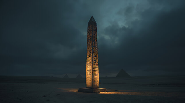 Ancient Egyptian obelisk illuminated by dramatic golden light against a stormy night sky with distant pyramids - Powered by Adobe