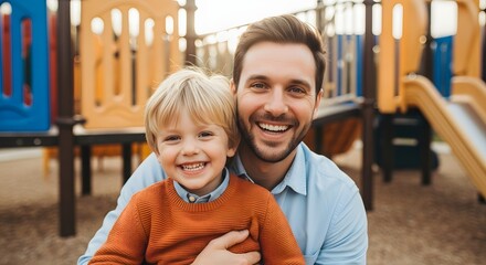 Obraz premium A smiling father and young son pose together outdoors, likely at a playground. They're looking at the camera and appear happy and close.