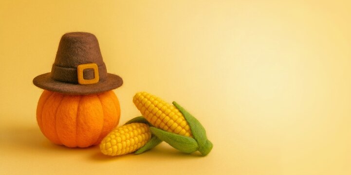 Felt pumpkin wearing a pilgrim hat with corn on yellow background. Wool Thanksgiving still life, cozy handmade holiday concept.
