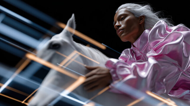 An otherworldly figure adorned in shining fabric riding a white horse, emanating beauty and grandeur while traversing a surreal landscape of luminous lines.