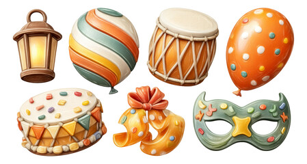 Fototapeta premium Colorful Party Items with Balloons, Drums, Lanterns, and Festive Decorations