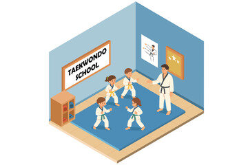 Isometric Taekwondo School for Kids Vector Illustration