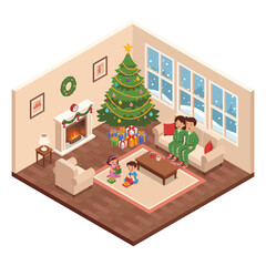 Isometric Family Opening Christmas Presents at Home Vector Illustration