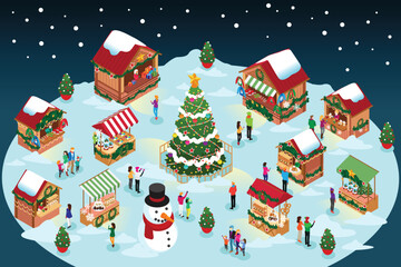 Isometric Christmas Winter Market Vector Illustration