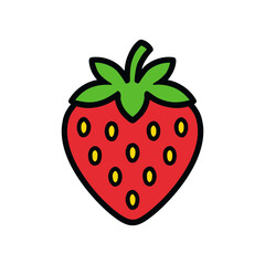Fototapeta premium Bright red strawberry clipart with green leafy top on white background.