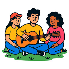 Diverse friends enjoying guitar music outdoors.