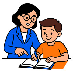 Young caucasian boy learning with female teacher guidance - education illustration.