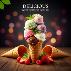 Giant Stack of Colorful Ice Cream Scoops in Waffle Cone with Berries