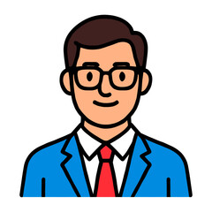 Male avatar in blue suit with glasses and red tie.