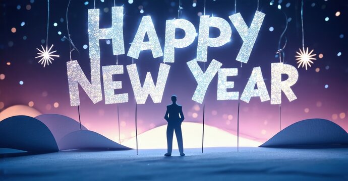 Silhouette stands before large glittering Happy New Year text. Festive scene with blue, purple hues, sparkles, dark background.