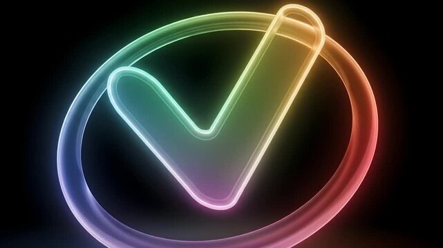 Colorful glowing check mark icon inside a circle, representing approval and validation on a dark background