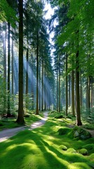 Sunbeams Filter Through Tall Green Trees Onto A Winding Forest Path Lush Moss Covers The Ground On A Bright Morning
