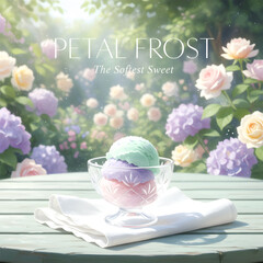 Delicate Pastel Ice Cream Scoops in Glass Bowl on Sunny Flower Garden Table