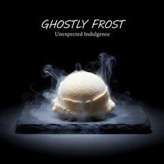 Single Scoop of Vanilla Ice Cream Floating in Eerie Smoke on Black Slate