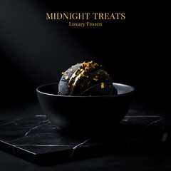 Exclusive Black Ice Cream Scoop with Gold Flakes on Marble Stone