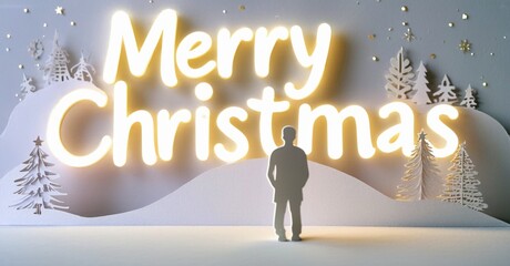 Bright Merry Christmas text illuminates snowy landscape. Silhouette person stands before papercraft trees, stars. Festive winter scene.