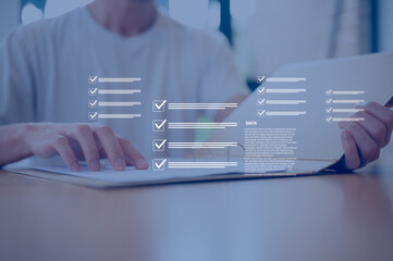 Business Documents approval data contract partner in workplace office, Auditor businessman checking searching document legal prepare paperwork or report for analysis TAX time, accountant