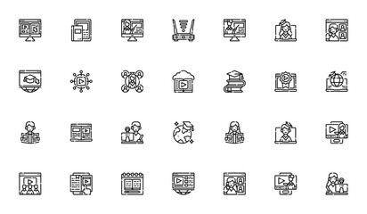 Online Learning icon set. Vector illustration pack. ncludes symbols for elearnng, video lecture, compute, graduation, books, study laptop, teacher and more.