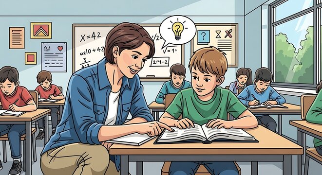 Caring teacher helping a young student with a lesson in a classroom illustration.