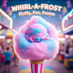 Fluffy Pink and Blue Cotton Candy Ice Cream Scoop in a Carnival Setting