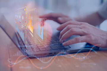investment financial concept Business finance data analytics graph.Financial management technology.Advisor using KPI Dashboard on virtual screen, man using computer laptop working with data charts