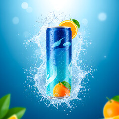 Dynamic Refreshing Citrus Soda Can Splashing in Clean Water with Orange Slices