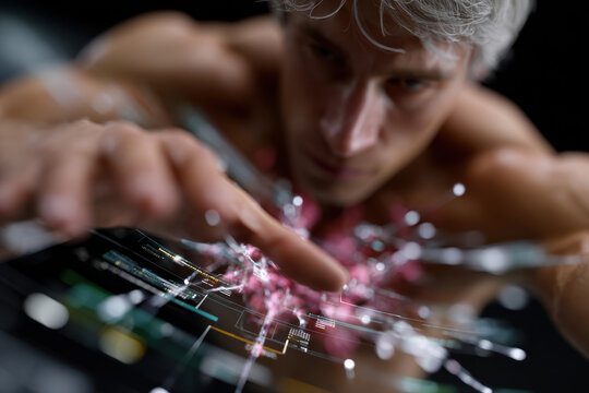 A shirtless individual reaches towards a glowing, holographic interface, illustrating the convergence of technology and human interaction in a digital landscape.