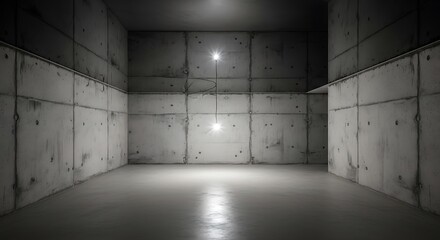 Abstract concrete room with hanging lights creating an atmospheric space