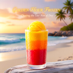 Golden Hour Tropical Layered Drink on a Beach at Sunset with Palm Trees