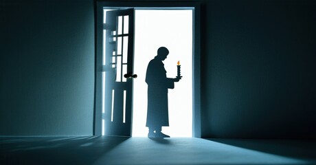 Fototapeta premium Silhouette stands doorway, holding candle. Light emanates from opening, creating dramatic effect. Darkness surrounds figure, suggesting mystery.