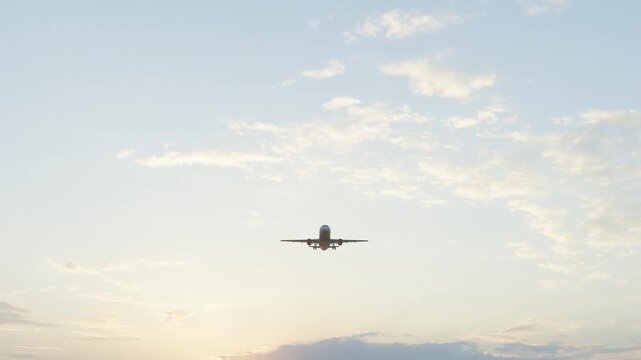 3840x2160 Ultra HD. The plane flies in the blue sky. travel. Airplane takes off in the background of blue sky. 4K.