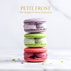 Gourmet Macaron Ice Cream Sandwiches Stacked on Marble with Pastel Colors and Gold Text