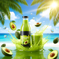 Dynamic Avocado Juice Splash on Tropical Beach with Floating Avocados, Bottle, and Glass