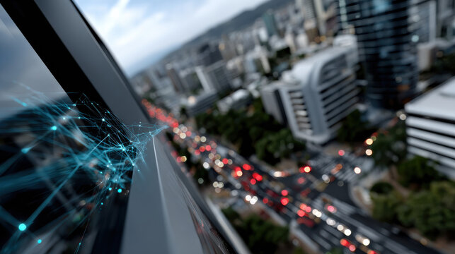 An abstract view of a sleek, modern building overlooking a bustling cityscape, filled with vibrant lights and energy, reflecting innovation and urban life in a stylish manner. - Powered by Adobe