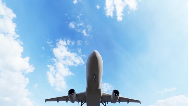 3840x2160 Ultra HD. The plane flies in the blue sky. travel. Airplane takes off in the background of blue sky. 4K.
