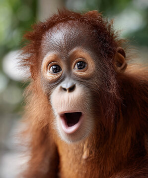Verspieltes Orang-Utan-Baby mit lustigen Gesichtsausdr&uuml;cken, Studioaufnahme