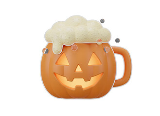 Fototapeta premium Orange Jackolantern Mug Filled With Frothy Beer And Bubbles On Transparent Background Halloween Themed Drink
