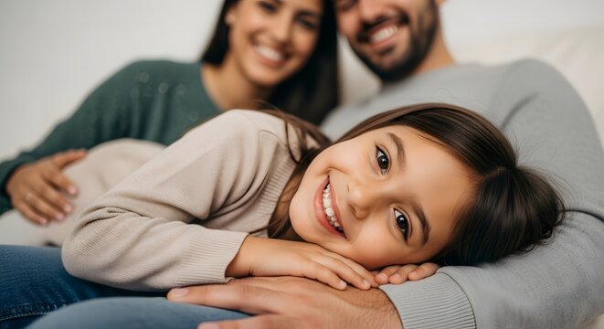 Happy family portrait: a smiling young girl lies on her father's lap, with her smiling mother behind them. They all seem happy and connected. - Powered by Adobe