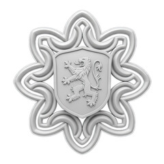 Ornate Silver Emblem Featuring a Rampant Lion on a Shield With Intricate Celtic Knot Border Isolated on White Background
