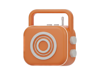 Retro orange portable radio with white accents and transparent background on a black surface with antenna and tuning knobs emitting soft light.